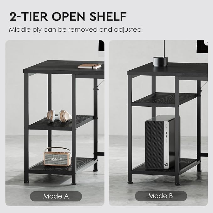 Maihail Small Desk with Drawers, Office Desk with Storage Shelves, Black | 59 Inch Desktop, Metal Frame, 3 Fabric Drawers, Storage Shelves, Computer & Writing Desk, Office Gaming Workstation