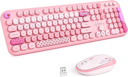 MOFII Wireless Keyboard and Mouse Combo, Full Size 2.4G Plug and Play Typewriter Retro Round Computer Keyboard and Mouse Set for Windows, Computer, Desktop, PC, Notebook - (Pink Colorful)