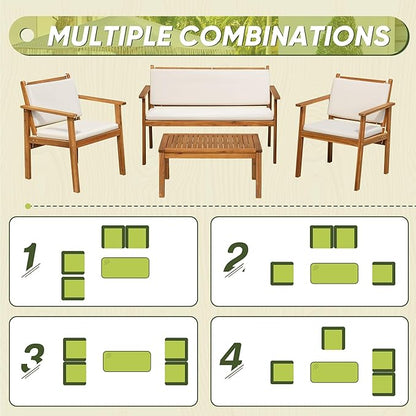 Flamaker Patio Furniture 4 Piece Outdoor Acacia Wood Patio Conversation Sofa Set with Table & Cushions Porch Furniture for Deck, Balcony, Backyard