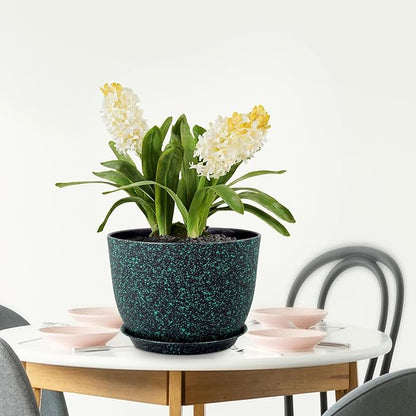 12 inch Large Plant Pots, Plastic Planters with Drainage Holes and Saucers, Flower Pots for Indoor Outdoor Plants, Decorative Pots for Garden House Plants, Black with Green Speckles