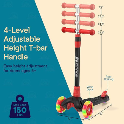 Outdoor Cruiser 3-Wheel Kids Scooter – with Lean-to-Steer Technology, Led Lighted Wheel, 4-Level Adjustable Height T-bar Handle, Support Kids Up to 150 Lbs, for Boys & Girls Ages 3-8, Black and Red