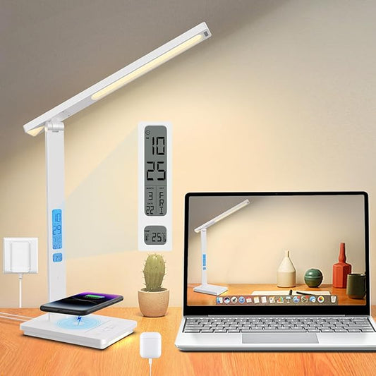 10 in 1 Smart Led Desk Lamp, Desk Table Lamp for Home Office, Eye-Caring Office Lamp with Night Lights, Lamp for Desk with 10W Wireless Charger, Dimmable Touch Lamp for Bedroom Reading Study Work
