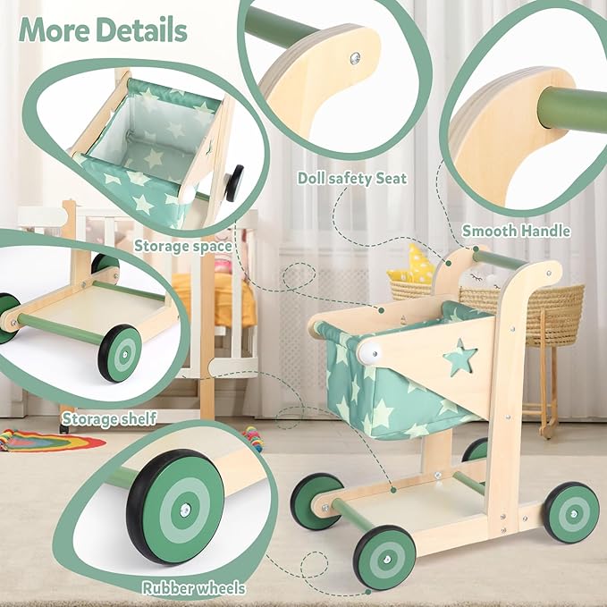 Asweets 2 in 1 Wooden Baby Walker Push and Pull Doll Stroller, Shopping Cart Learning Walker for Boys and Girls, Sit Stand Learning Toddler Toy (Green)