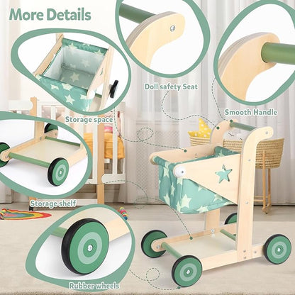 Asweets 2 in 1 Wooden Baby Walker Push and Pull Doll Stroller, Shopping Cart Learning Walker for Boys and Girls, Sit Stand Learning Toddler Toy (Green)