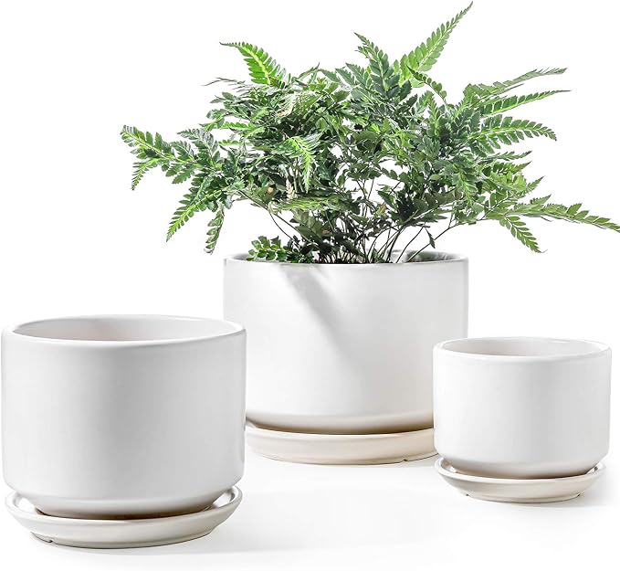 LE TAUCI Ceramic Plant Pots, 4.3+5.3+6.8 inch, Set of 3, Planters with Drainage Hole and Saucer, Indoor Flower Pot with Hole Mesh Pad, Gifts for Mom, White