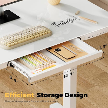 32" Glass Standing Desk with Drawer, Small Electric Desk | Height Adjustable Quick Install One-Piece Tabletop with USB Charging Ports, Sit Stand Computer Desk for Compact Space, White