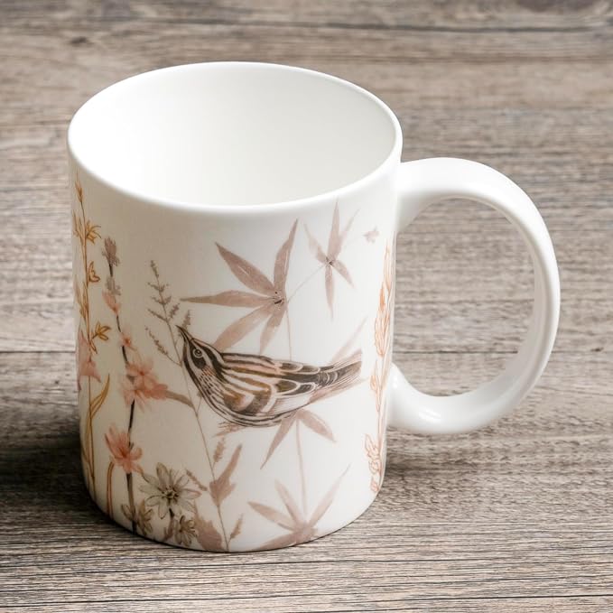 Maison d' Hermine Coffee Mug with Handles Tea Cups (15 Ounce, Pack of 1) | Fine Bone China Coffee Mugs for Hot Beverages Cappuccino Latte Home Spring Summer -Meadow Florals - Beige - Meadow Morning