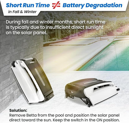 Betta SE Solar Powered Automatic Robotic Pool Surface Skimmer Cleaner with 24/7 Continuous Cleaning Battery Power and Re-Engineered Twin Salt Chlorine Tolerant Motors (White)