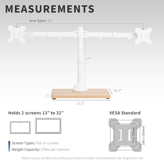 VIVO Dual Monitor Desk Stand for 13 to 32 inch Screens, STAND-V002FD-W | Articulating, Freestanding Adjustable Monitor Arm, White with Wood Base, Computer Stand for 2 Monitors, Holds 22 lbs Each