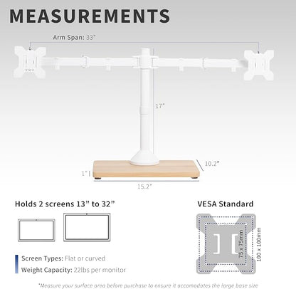 VIVO Dual Monitor Desk Stand for 13 to 32 inch Screens, STAND-V002FD-W | Articulating, Freestanding Adjustable Monitor Arm, White with Wood Base, Computer Stand for 2 Monitors, Holds 22 lbs Each