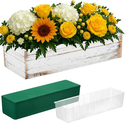 Dandat 1 Set Wood Boxes for Centerpieces 12x4 Inch Rectangle Wooden Planter Box Rustic Wooden Planters with Removable Plastic Liner Floral Foam Blocks for Christmas Wedding Home Garden Decor(White)