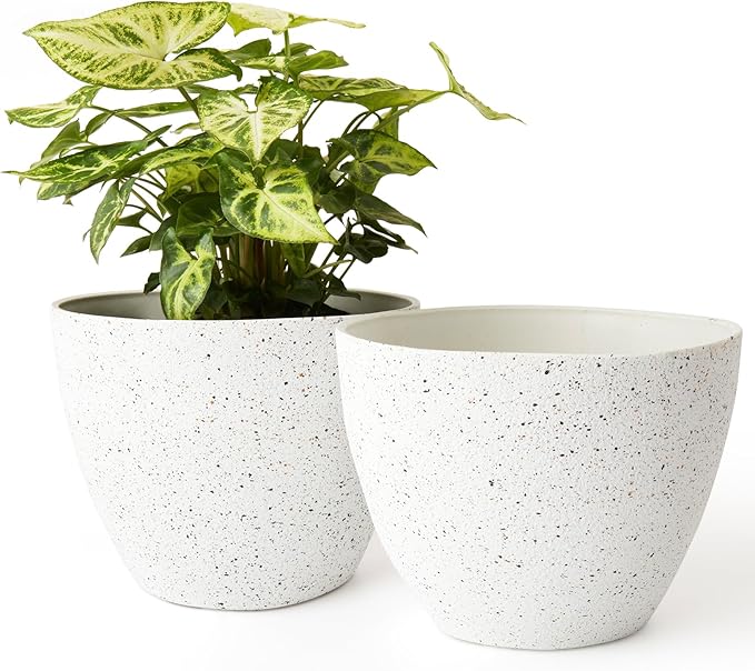LA JOLIE MUSE Flower Pots Outdoor Garden Planters, Indoor Plant Pots with Drainage Holes, Plastic, Speckled White, Set 2 (7.5 + 7.5 Inch)