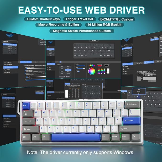 AULA WIN60 HE MAX - 60% Mechanical Gaming Keyboard Wired, Hall Effect Magnetic Switches Hot Swappable, Adjustable Actuation Rapid Trigger Mode, 8000 Hz Polling Rate, 60 Percent Keyboard Compact Design