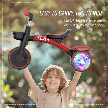 SEREED Colorful Lighting Toddler Tricycle for 2-5 Years Old Boys Girls, Adjustable Seat&Handlebar Trike, Removable Basket, Birthday Gift Idea for Kids Ages 2+ (Red Black)