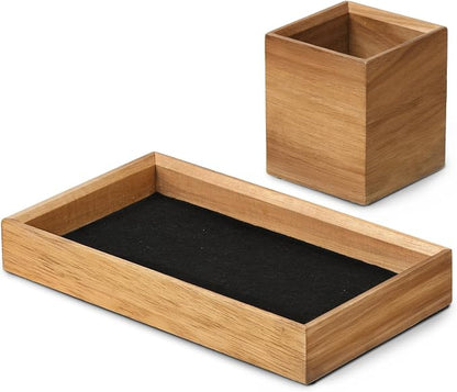 HULISEN Wooden Desk Organizer Tray, Pencil Holder with Felt Lining | Non-Slip Desk Tray Set, Pen Storage Compartment, Space-Saving Design, Desktop Accessory for Room Office & Workspace