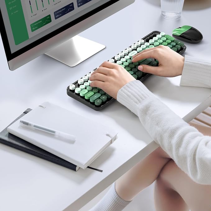 MOFII Wireless Keyboard and Mouse Combo, Full Size 2.4G Plug and Play Typewriter Retro Round Computer Keyboard and Mouse Set for Windows, Computer, Desktop, PC, Notebook - (Black Green Gradient)