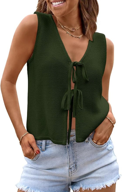 LILLUSORY Womens Tie Front Tops Vacation Sweater Vest | Bohemian Style, Beach Resort Wear, Concert Western Outfits, Crochet Tops, Vacation Outfits, Cute Y2k Sleeveless 2026