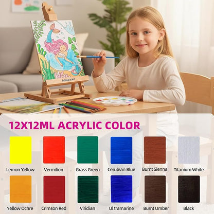 Falling in Art Tabletop Easel Set, Portable Wooden Art Easel Painting Kits for Kids, Easel for Painting Canvases, Including 12 Colors Acrylic Paints, 10 Paintbrushes and 4 Canvas Panels, Pink