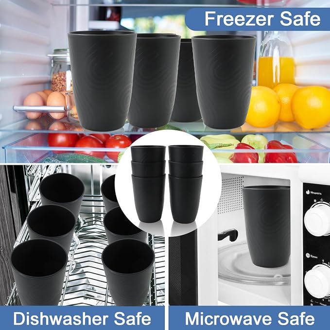Wheat Straw Cups 6 Pcs, 16 OZ Plastic Drinking Cups, Unbreakable Plastic Drinking Glasses, Alternative to Plastic Cups Reusable, Dishwasher Safe Kitchen Cups for Party, Bathroom, RV (Black)