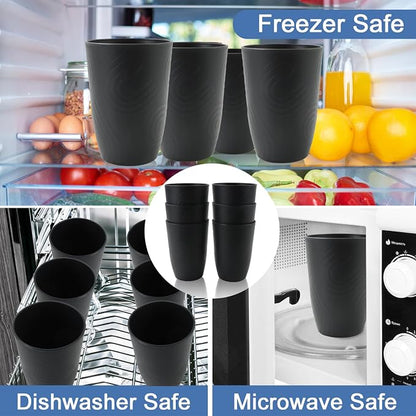Wheat Straw Cups 6 Pcs, 16 OZ Plastic Drinking Cups, Unbreakable Plastic Drinking Glasses, Alternative to Plastic Cups Reusable, Dishwasher Safe Kitchen Cups for Party, Bathroom, RV (Black)