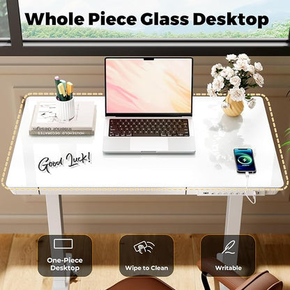 32" Glass Standing Desk with Drawer, Small Electric Desk | Height Adjustable Quick Install One-Piece Tabletop with USB Charging Ports, Sit Stand Computer Desk for Compact Space, White