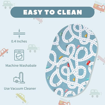 LIVEBOX Large Washable Kids Rug, 4'x6' Non-Slip Car Road Rug for Playroom, Fun Kids Room Rugs for Bedroom, Blue Road Carpet Indoor Kids Play Mat for Toy Room Toddler Room Classroom