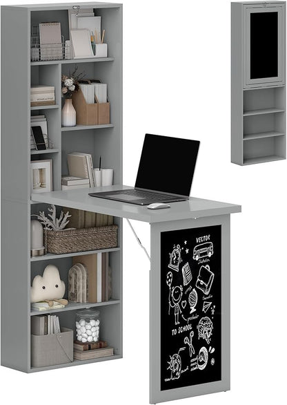 HOMCOM Foldable Desk Wall Mounted Convertible Table for Small Spaces, Gray | Wall Mounted, Space-Saving, Chalkboard, Storage Shelves, for Small Spaces, Home Office, Bedroom, Dorm, Apartment