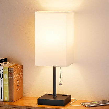 Bedside Lamp for Bedroom - 3 Color Temperatures, USB A+C, 2 AC Outlets | Pull Chain Switch, LED Bulb Included, White Fabric Shade, 17.4" Table Lamp for Nightstand, Desk, Living Room, Office