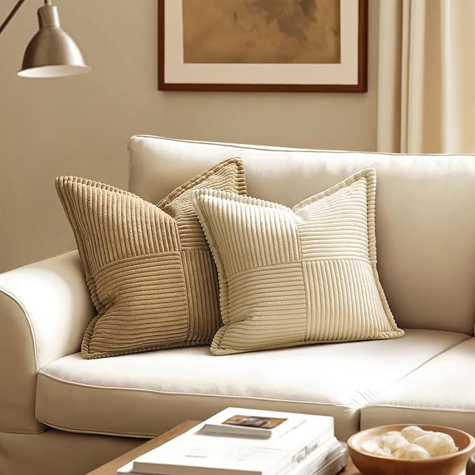 MIULEE Decorative Throw Pillow Covers for Couch Bed Livingroom 20x20 Inch Set of 2 Cream Boho Accent Throw Pllows Broadside Striped Patchwork Soft Corduroy Pillowcases