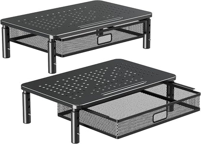 ELIVED 2 Pack Monitor Stand Riser with Metal Drawer, 3 Height Adjustable | with Larger Storage Space for Home and Office Supplies, Metal Desktop Stand for Laptop Computer Printer PC iMac