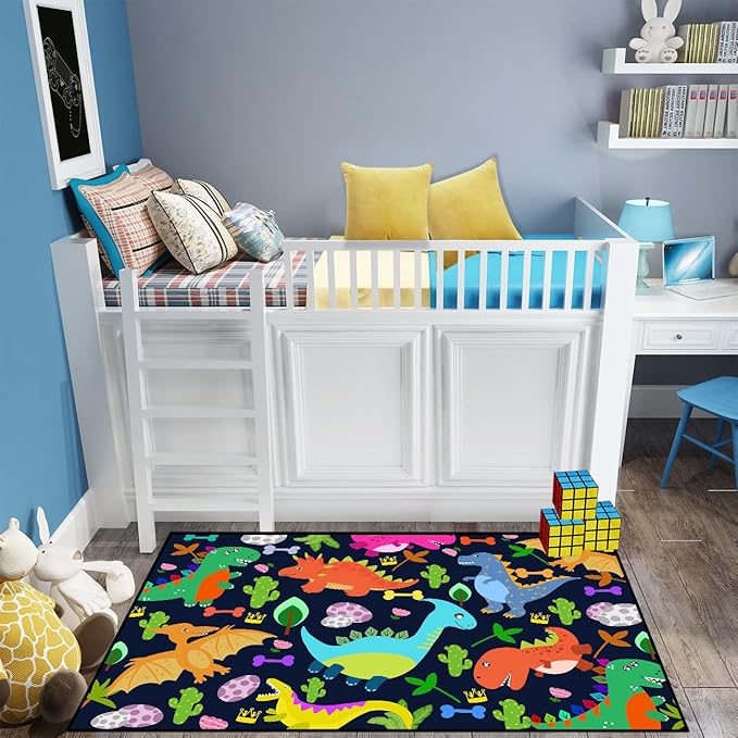 Dinosaur Rug for Boys Room Cartoon Dinosaur Area Rugs Kids Rug Dinosaur Rug Kids Play Rug Dinosaur Play Rug for Bedroom and Kidroom Playing Room,Dark Blue 3'×4'