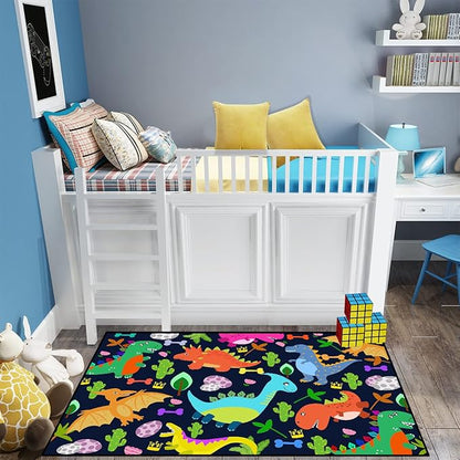 Dinosaur Rug for Boys Room Cartoon Dinosaur Area Rugs Kids Rug Dinosaur Rug Kids Play Rug Dinosaur Play Rug for Bedroom and Kidroom Playing Room,Dark Blue 4'5''×6'