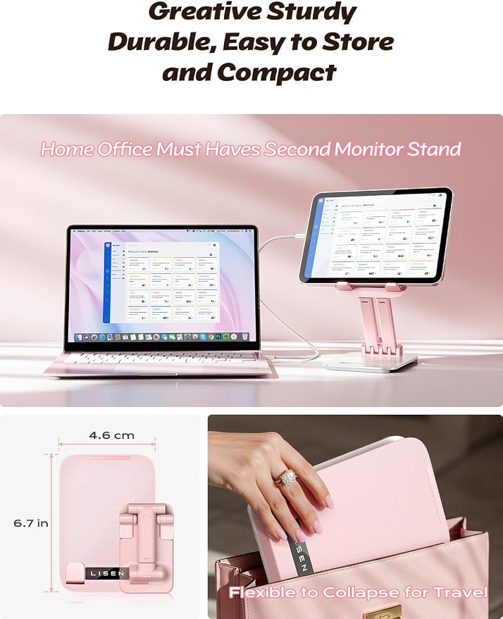 LISEN for iPad Stand Adjustable Tablet Holder Desk, iPad Accessories Pink | Foldable eBook Readers Desk Accessories Fits Kindle Stand 4-15.9"