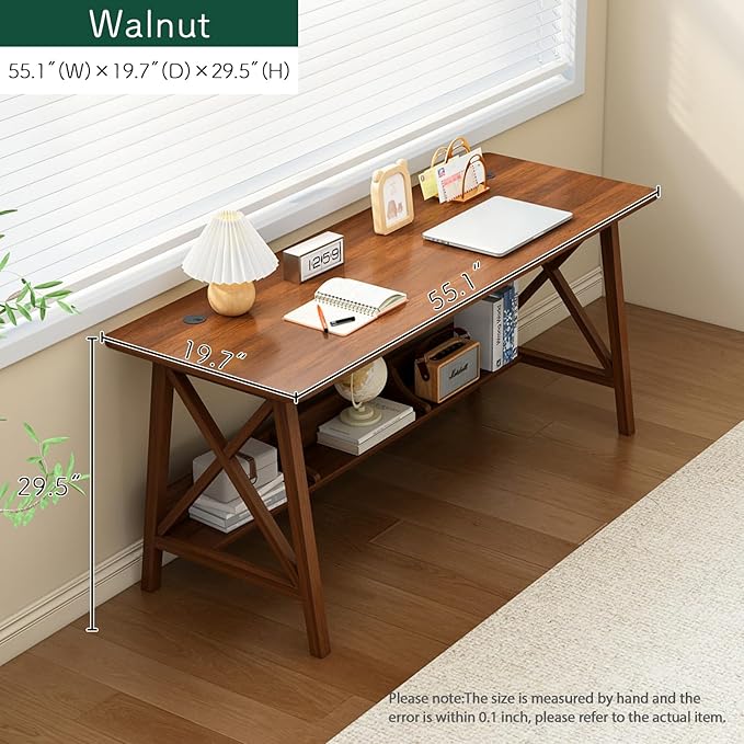 NELYE Extra Long Writing Desk with Bookshelf, 55" Wx20 Dx30 H, Walnut | Wooden Home Office Work Study Table, Computer Gaming Workstation with Storage Shelf, Sturdy MDF Resists Wobble