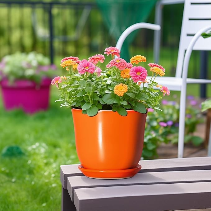 Ceramic Planter - 8 Inch Plant Pot with Drainage Hole and Saucer, Modern Planters for Indoor Outdoor Plants, Round Flower Pot, Home Patio Office Decor, House Warming Gifts, Orange