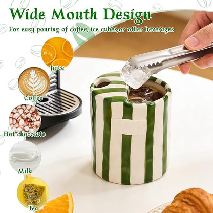 Ceramic Coffee Mug with Sip Hole 10oz Cute Espresso Cup | Unique Hand-Drawn Green and White Striped Design, Microwave and Dishwasher Safe, for Kitchen Dining, Office, Holiday Gift