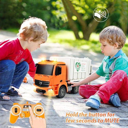 DOUBLE E Benz Licensed Remote Control Garbage Truck Electric Recycling Toy Set with Trash Bin Real Lights Rechargeable Waste Management Trash Truck Toys Gift for Kids
