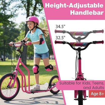 Costzon Big Wheels Kick Scooter for Kids 8+, Youth Scooter with Foldable & Height Adjustable Handlebar, Inflatable Shock Absorption Wheels, Dual Brakes for Teens, Adults, Max Load 220 LBS