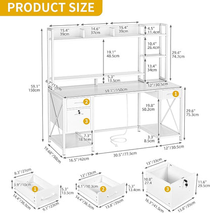 DWVO Computer Desk with Drawers & Hutch, 59.1" Office Desk with Power Outlets & LED Lights, Home Office Desk with Storage Shelves, White | Built-In Power Outlets, Led Lights, Hutch Shelves, Storage Drawers, for Home Office Work Study, Easy Assembly