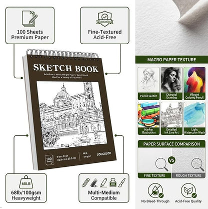 Soucolor Sketchbook 8.5x11 Hard Cover Spiral Bound, 100 Sheets 68lb/100gsm Thick Acid-Free Drawing Paper Lay Flat Sketch Pad Art Notebook for Adults Artists Teachers Students Classroom