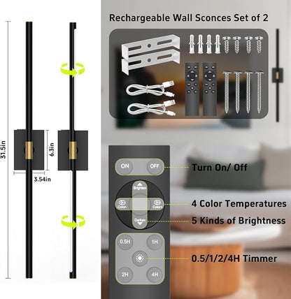 iThird Battery Operated Wall Sconces Set of 2: 10000mAh Rechargeable Wall Lights with Remote Control, 360° Rotate Wireless Wall Scone Decor for TV/Mirror Bedroom Living Room, 31.5 Inch, Black