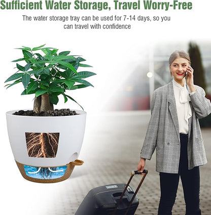 12 inch Large Self Watering Pots, Plastic Planters with 60oZ Removable Deep Reservoir and Multi Mesh Drainage Holes for Indoor Outdoor Garden Plants and Flowers, White with Brown