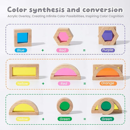WOODENFUN Wood Building Blocks Set for Kids,Rainbow Stacker Stacking Game Construction Toys Set Preschool Colorful Learning Educational Toys, Geometry Wooden Blocks for Boys Girls