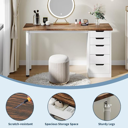 Garvee Computer Desk with 5 Drawers, 47 Inch Modern Simple Study Writing Desk with Storage, Rustic Home Office Desk, Reversible Computer Desk for Small Spaces, Apartments, Dorms, Brown+White