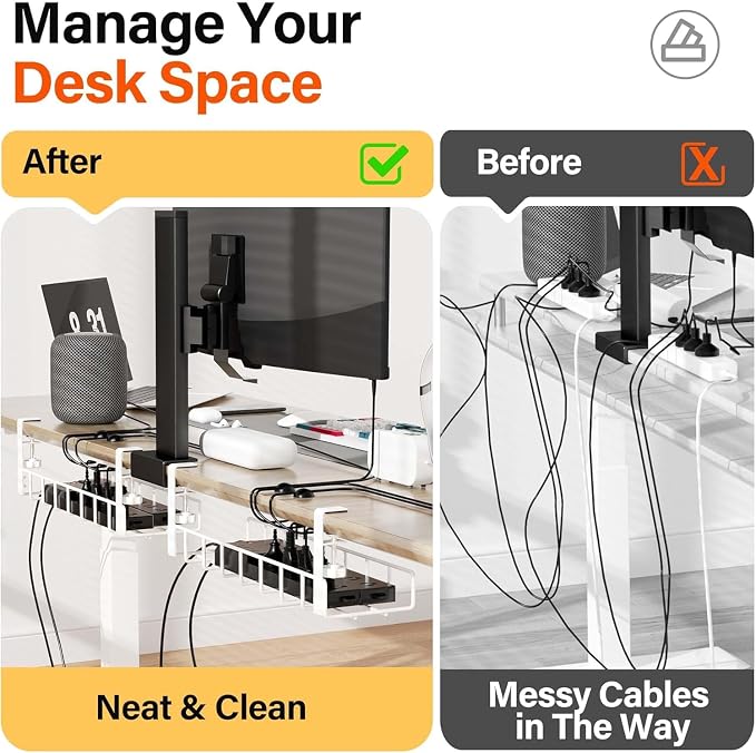 3 Pack Cable Management Under Desk Tray, 47.1" No Drill Under Desk Wire Management with Upgraded Clamp, Metal Cord Organizers with Cable Organizers, PC Cord Organization Rack, White