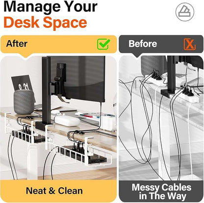 3 Pack Cable Management Under Desk Tray, 47.1" No Drill Under Desk Wire Management with Upgraded Clamp, Metal Cord Organizers with Cable Organizers, PC Cord Organization Rack, White