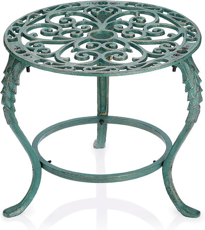 OwnMy Cast Iron Plant Stand Heavy Duty Vintage Wrought Iron Flower Pot Holder, Decorative Pedestal Potted Plant Rack, Indoor Metal Large Plant Stand for Outdoor Patio Garden Home, Antique Green