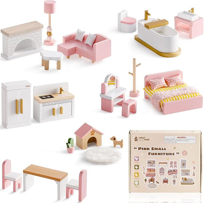 ROBUD Wooden Dollhouse Furniture Set, 28 Pcs Doll House Accessories, Miniature Furniture Including 6 Room Kits, Pretend Play Toys, Gift for Boys and Girls,3+