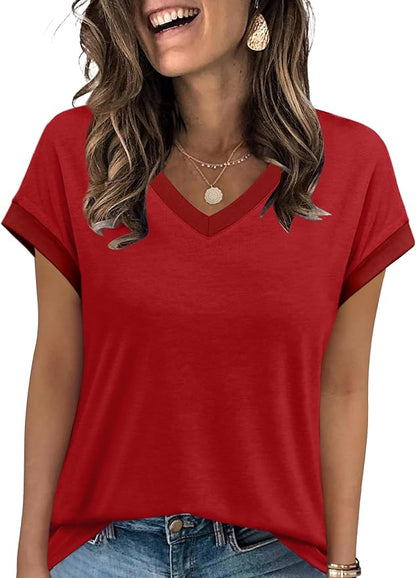 WIHOLL Womens Summer Tops 2026 Cap Short Sleeve Shirs V Neck T Shirts Fashion Beach Vacation Clothes Color Block