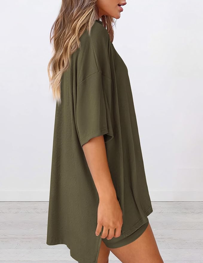 PRETTYGARDEN Women 2 Piece Lounge Set 2026 Summer Casual Oversized Shirts Biker Shorts Matching Airport Travel Outfit Clothes